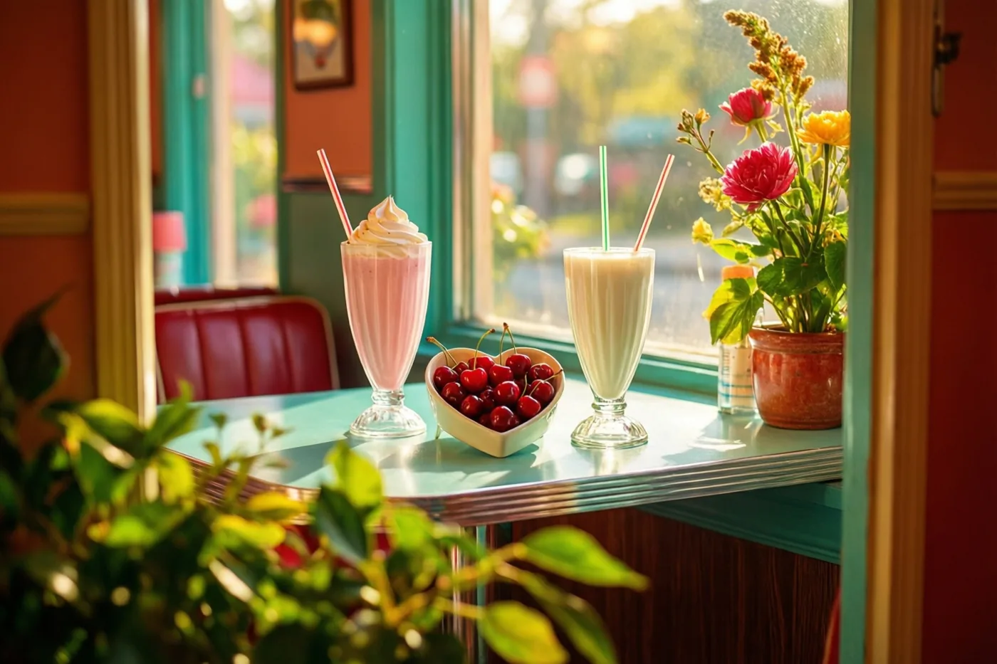 Twee milkshakes in hoge glazen met rietjes staan naast een hartvormig schaaltje kersen op een retrotoonbank, met zonlicht door een raam en bloemen en groen eromheen.