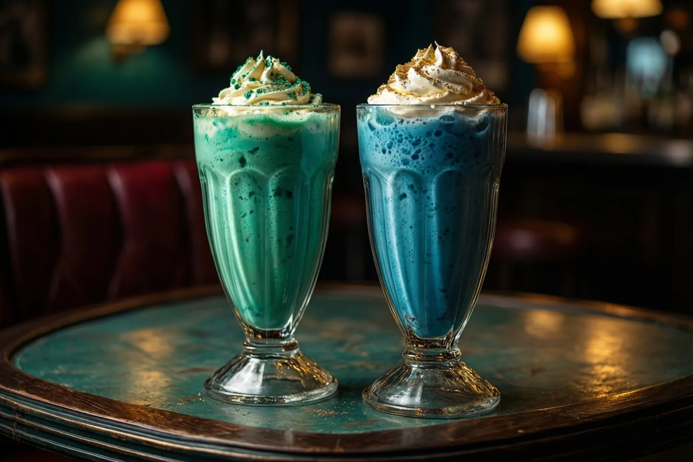 Een felblauwe en een blauwgroene milkshake met slagroom en strooisel staan in hoge glazen op een tafel in retrostijl in een schemerige melkbar met warme verlichting.