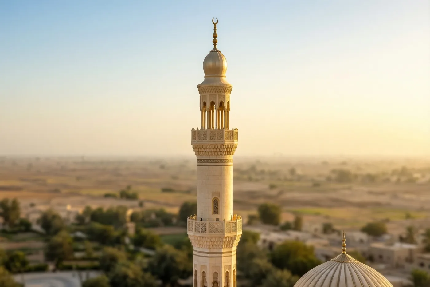 Een slanke minaret met een gouden koepel en een maansikkel steekt af tegen een heldere ochtendlucht, met een wazig landschap en een deel van een koepel op de voorgrond.