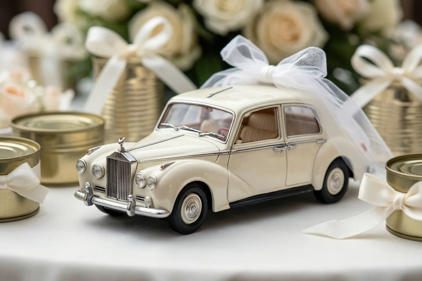 Een crèmekleurige miniatuur-oldtimer met een witte sluier en lint staat op een wit tafelkleed tussen goudkleurige blikjes met witte linten, met wazige witte rozen op de achtergrond.