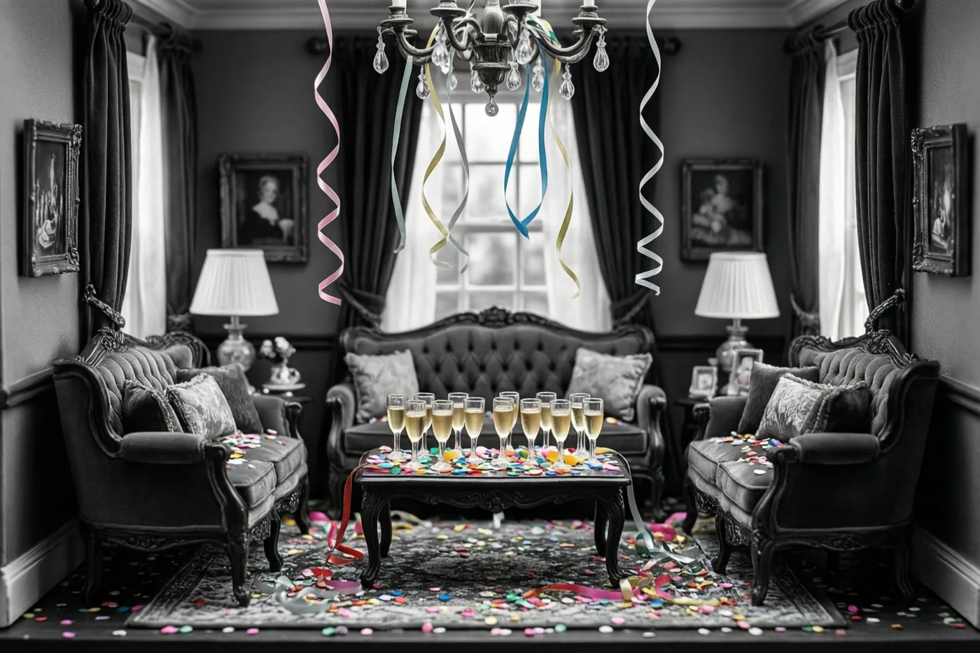 In een donkere, sierlijke woonkamer in poppenhuisstijl staan miniatuurchampagneglazen op een salontafel, met zwarte meubels, portretten, kleurrijke confetti en serpentines aan een kroonluchter.