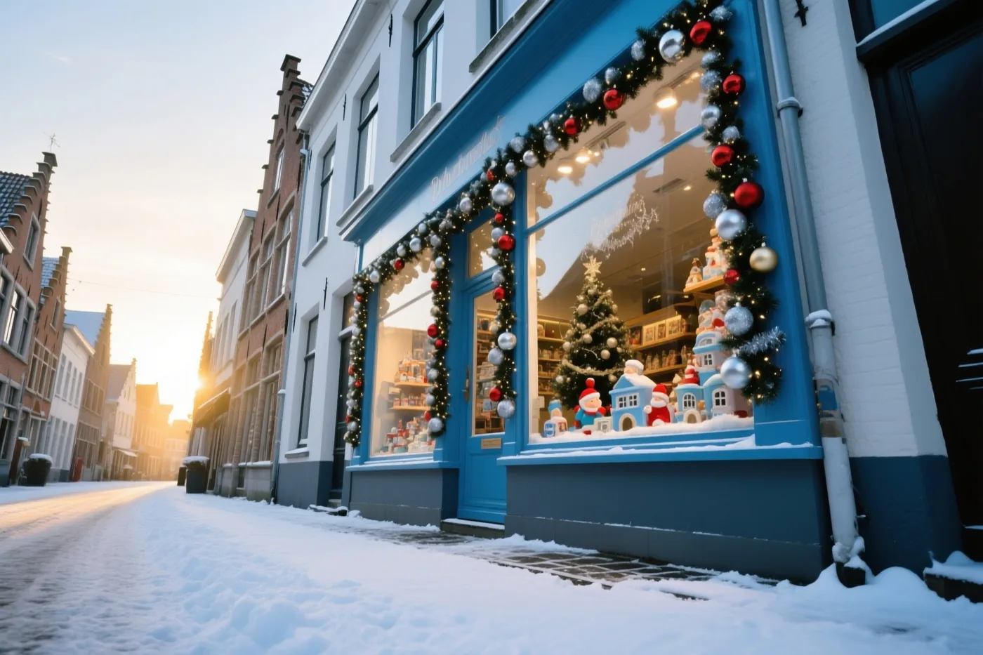 Een verlichte speelgoedetalage met rode en zilveren kerstversiering en een miniatuurkerstboom staat aan een besneeuwde straat met traditionele gebouwen in een Vlaams stadje onder een zachte zonsondergang.