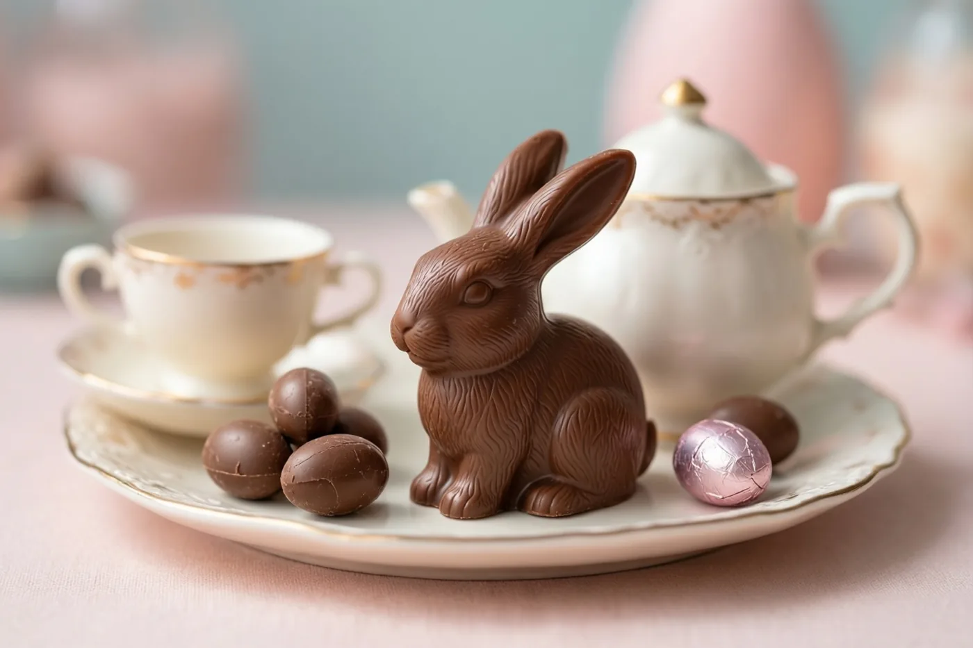 Een chocoladehaasje en chocolade-eieren zijn uitgestald op een miniatuurtheeservies van porselein met een theepot en kopje, op een roze tafelkleed.