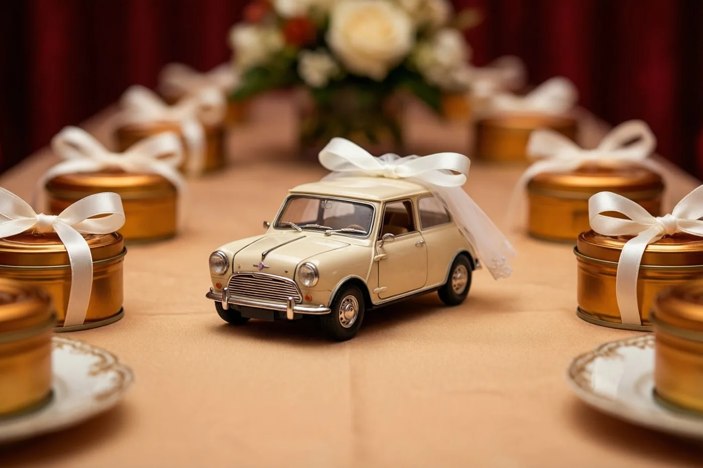 Een crèmekleurige miniatuurtrouwauto met een wit lint en een sluier staat op een beige tafelkleed tussen goudkleurige blikjes met witte linten in warm licht.