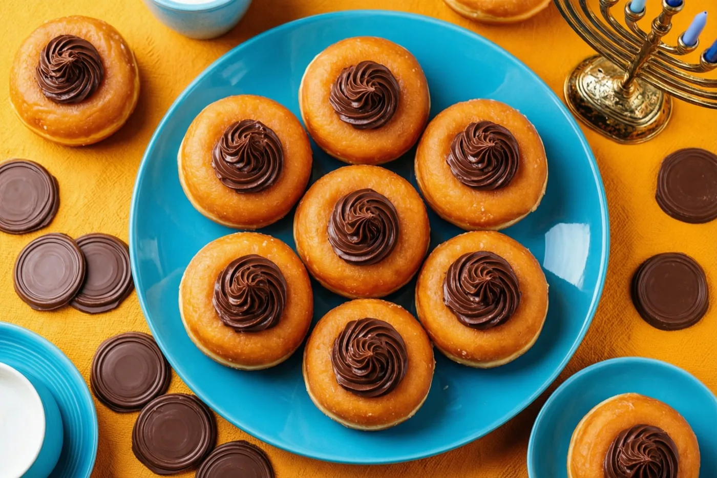 Op een blauw bord liggen minidonuts met chocoladetoefjes, op een geel oppervlak naast chocolademunten en een goudkleurige kandelaar.