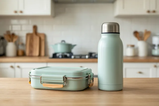 Een mintgroene brooddoos en thermos staan 's ochtends op een houten aanrecht in een lichte keuken met witte kasten.