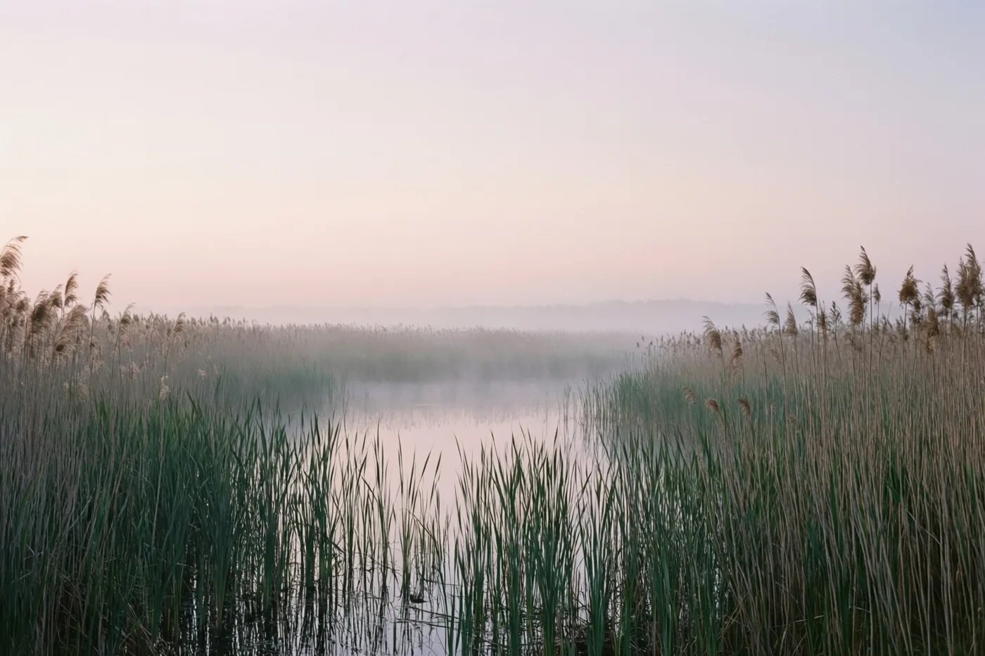 Mist stijgt op boven hoog riet in een moeras bij schemering, onder een bleke pastelkleurige lucht in zachte groene, roze en grijze tinten.