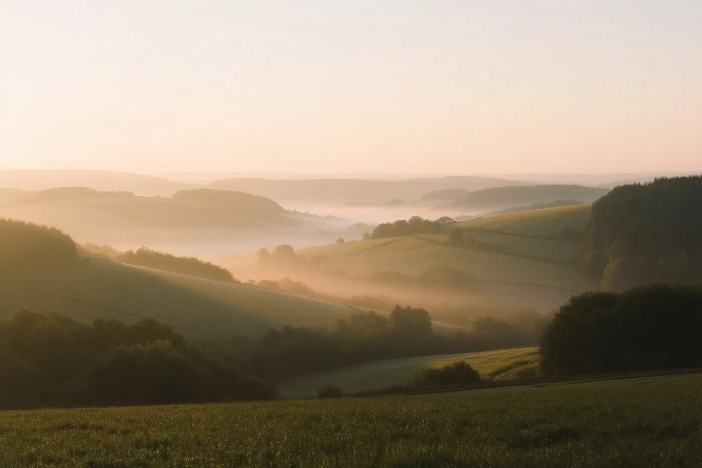Zacht gouden ochtendlicht valt over dalen en bomen tussen glooiende groene heuvels in de mist.