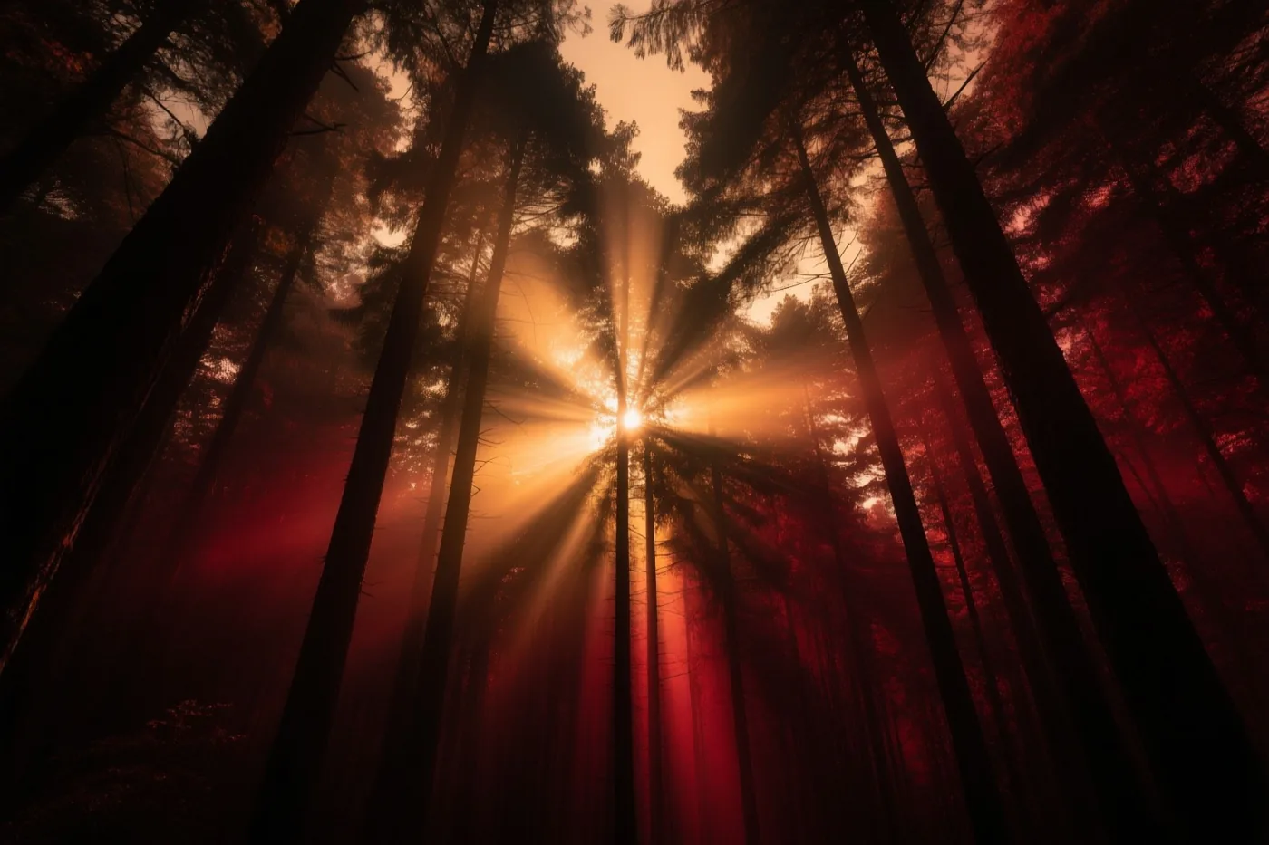 Zonnestralen vallen bij het ochtendgloren tussen hoge bomen in een mistig bos met warme oranje en dieprode tinten.