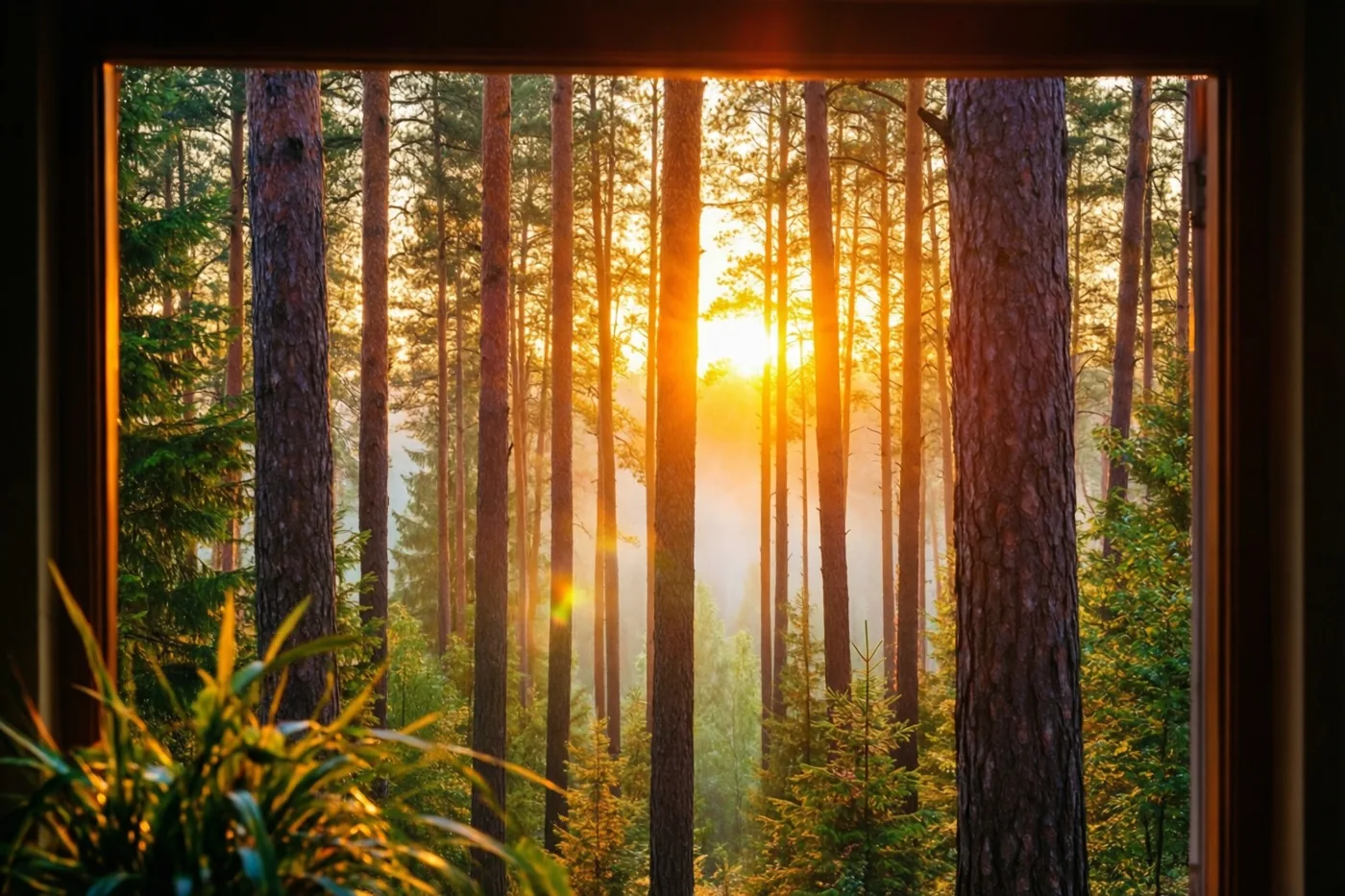 Door een raamkader is een mistig dennenbos te zien waar de opkomende zon tussen hoge stammen schijnt in goudoranje, bruine en groene tinten.