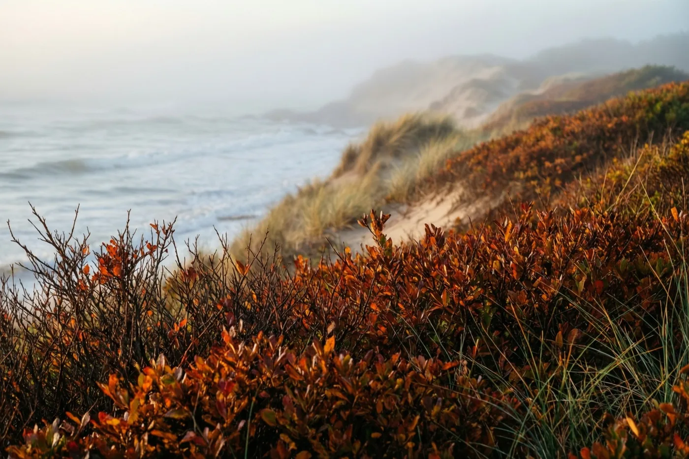 Bij het ochtendgloren trekt zeemist over duinen met roestkleurige herfststruiken op de voorgrond, in gedempt oranje, grijs en beige.