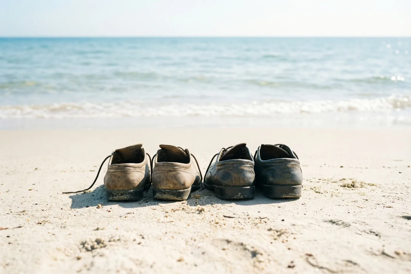 Twee paar versleten schoenen met modder staan naast elkaar op het zand aan de waterlijn, met een blauwe zee en hemel in fel zonlicht op de achtergrond.