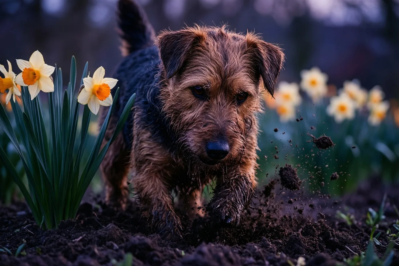Een modderige terriër graaft in een bloembed met narcissen, waarbij aarde door de lucht vliegt tegen een wazige tuinachtergrond.