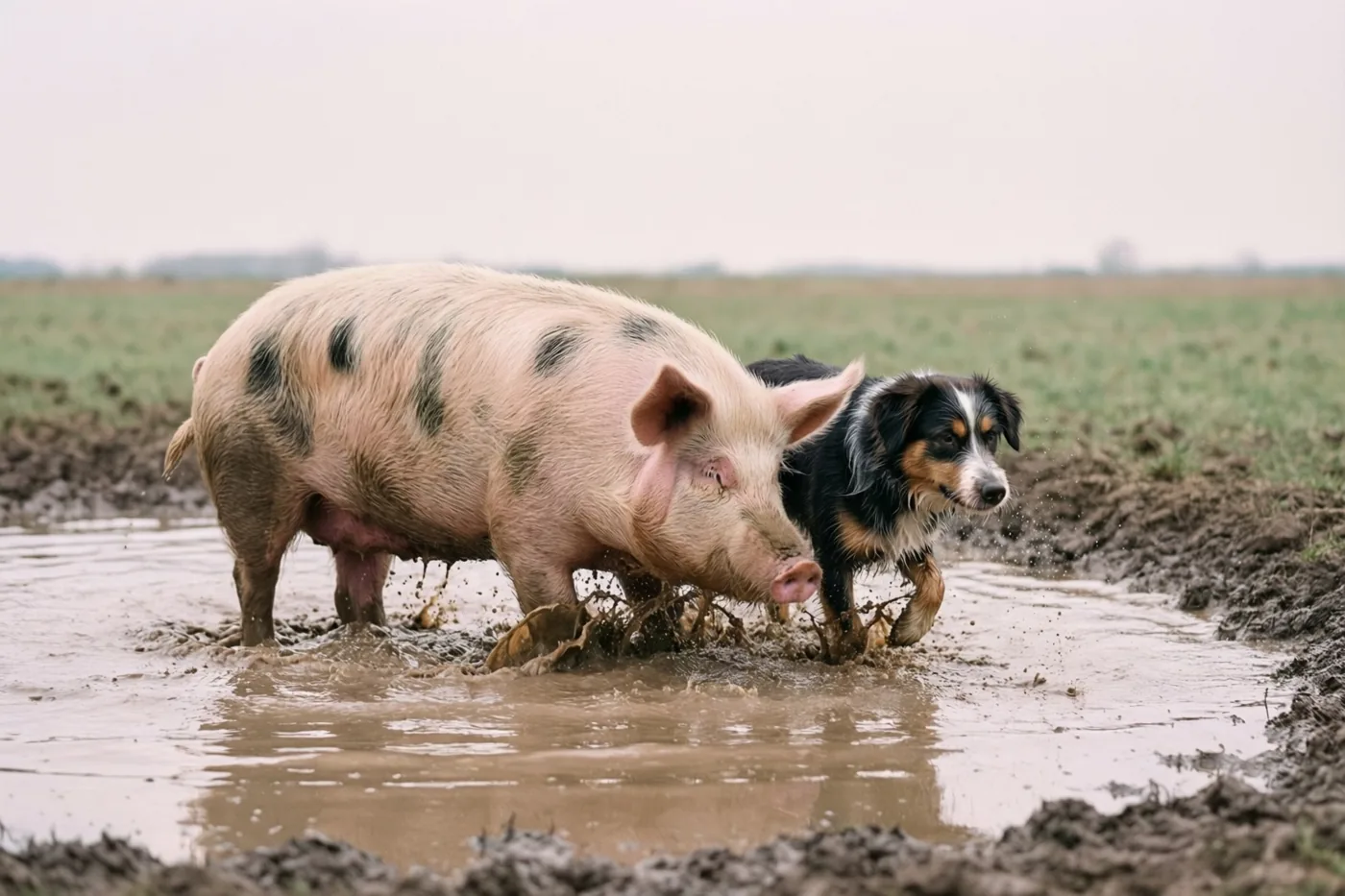 Een varken en een hond spatten samen in een modderplas in een open veld met bruine en gedempte groene tinten.