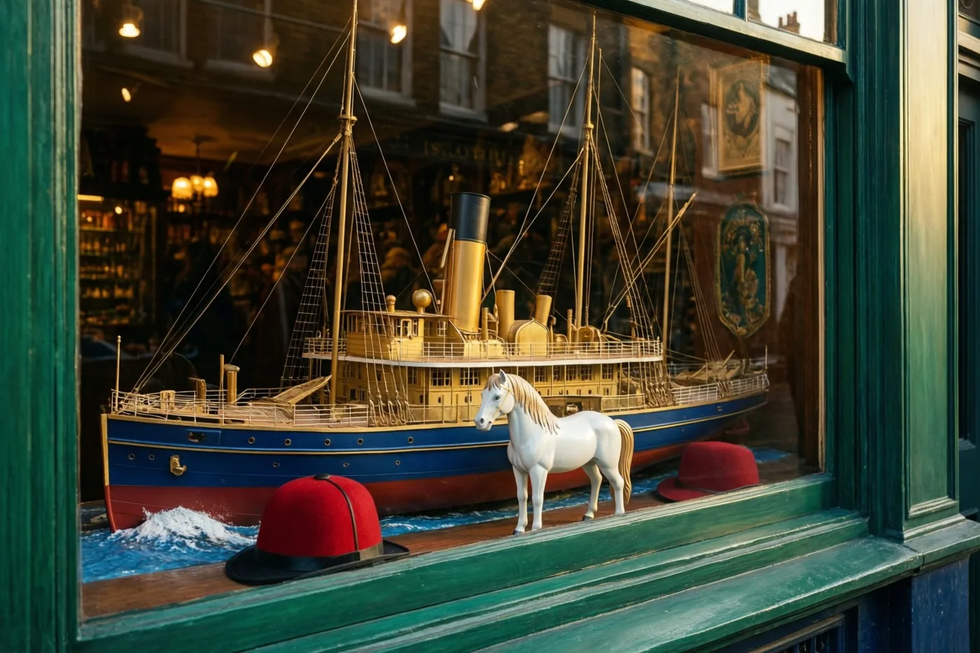 In een winkelraam staan een gedetailleerde modelstoomboot, een wit speelgoedpaard en twee rode mijters op een groene vensterbank in warm licht.
