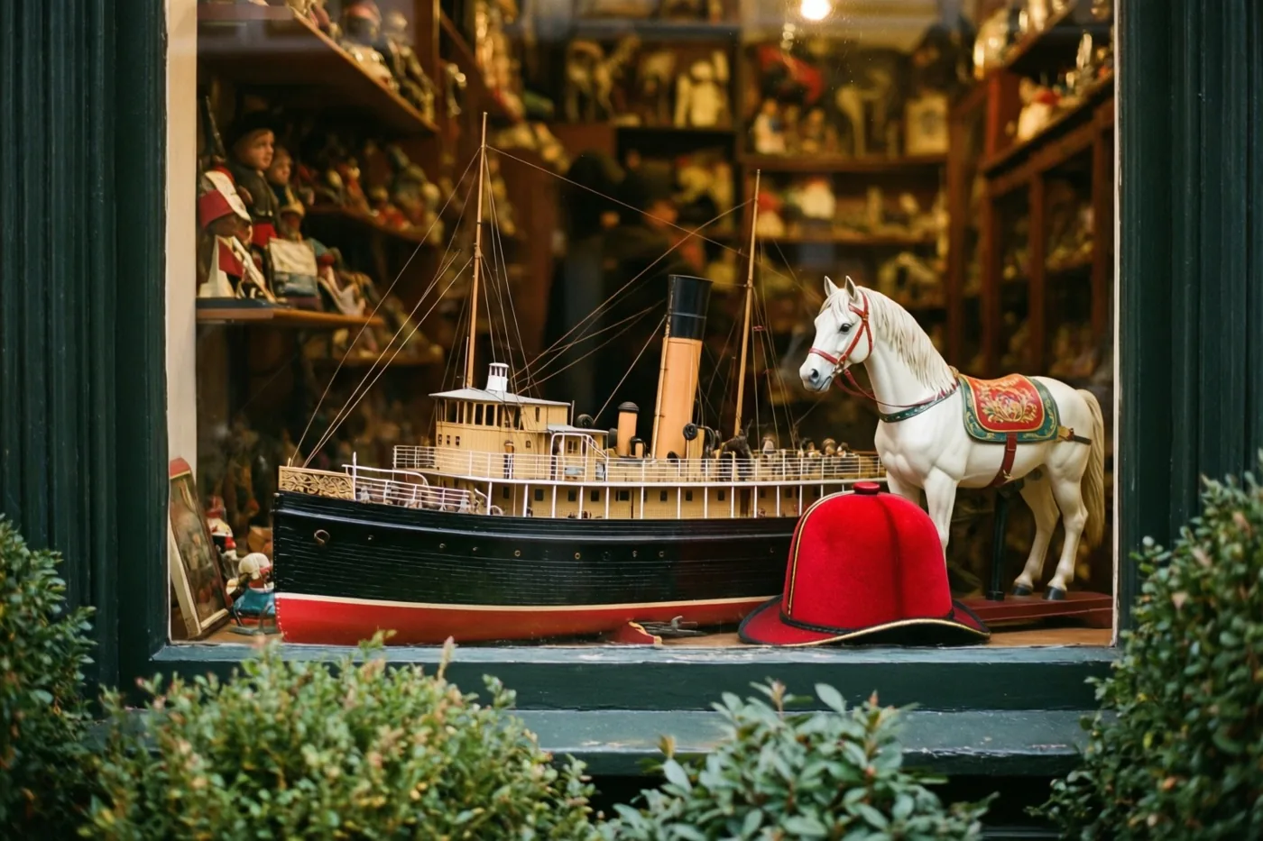 Een modelstoomboot, een wit speelgoedpaard met een versierd zadel en een rode mijter staan op een houten plank in een winkelraam, met verzamelobjecten erachter en groene struiken onderaan.