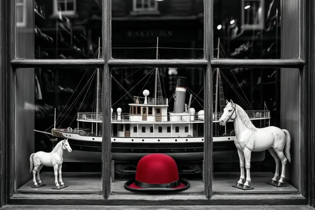 Een zwart-witfoto toont een winkelraam met een modelstoomboot, twee witte speelgoedpaarden en een bolhoed op de voorgrond.