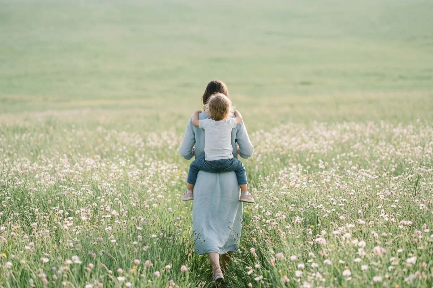Een moeder draagt een klein kind op haar rug door een veld met wilde bloemen, van achteren gezien in zacht licht met groene en lichtroze tinten.