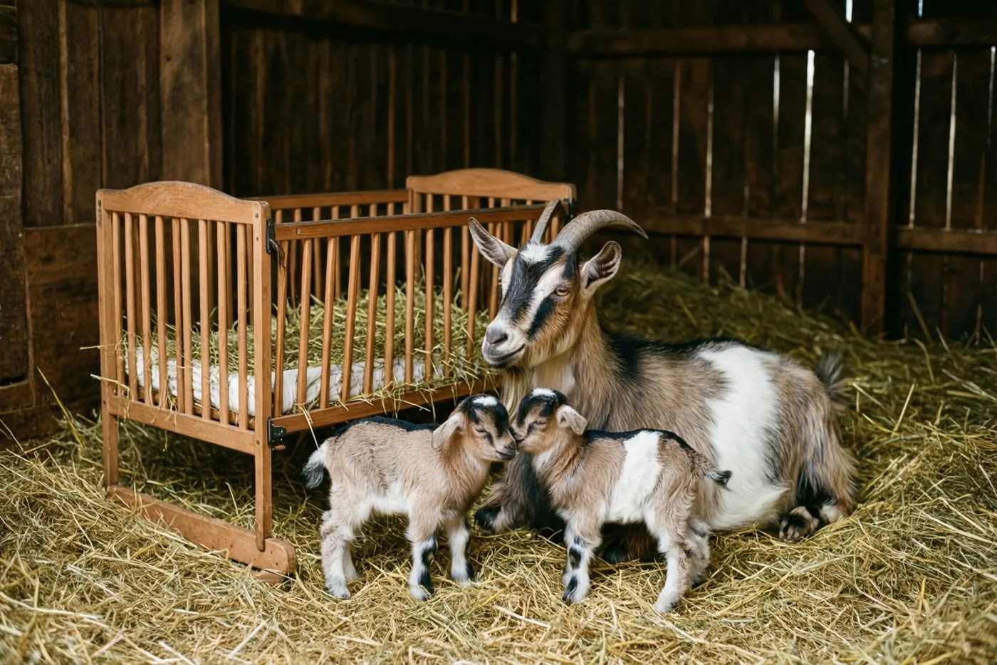 Een moedergeit met twee pasgeboren geitjes staat naast een houten babywieg met hooi in een schuur met warm licht en aardetinten.