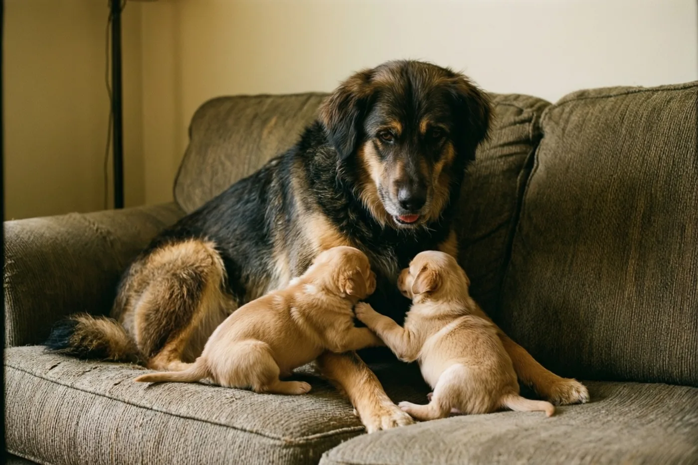 Een grote zwartbruine moederhond zit op een bruine stoffen zetel met twee goudkleurige puppy's, waarvan er één over haar voorpoot klimt.