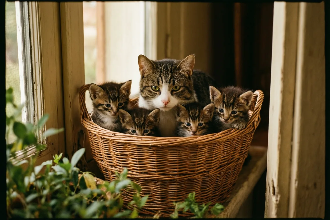 Een moederkat en haar vier kittens liggen samen in een rieten mand op een vensterbank in warm daglicht.