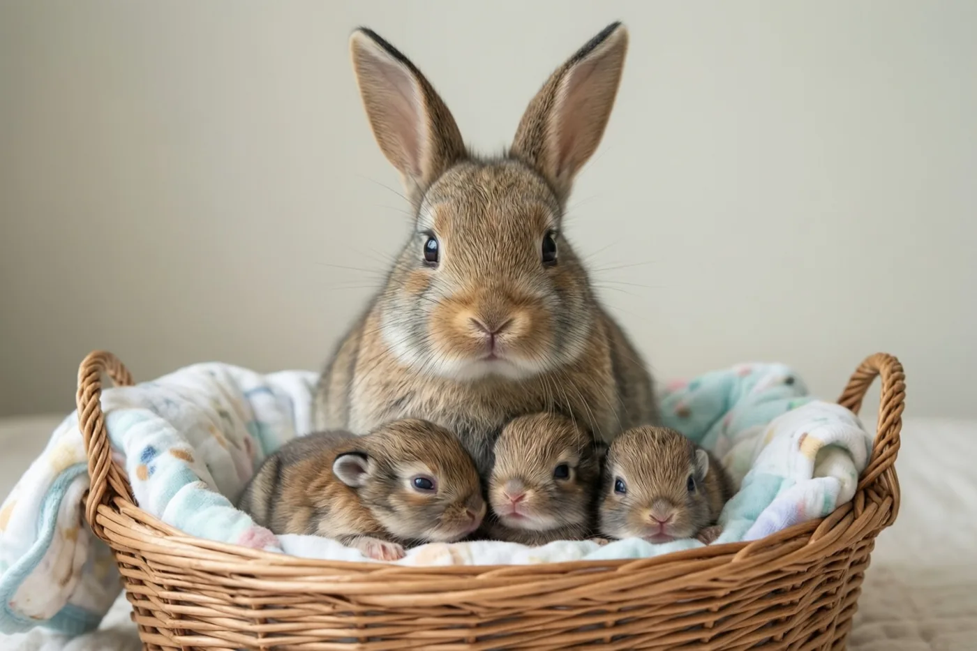 Een moederkonijn ligt met drie pasgeboren jongen in een rieten mand met een zachte babydeken tegen een effen lichte achtergrond.