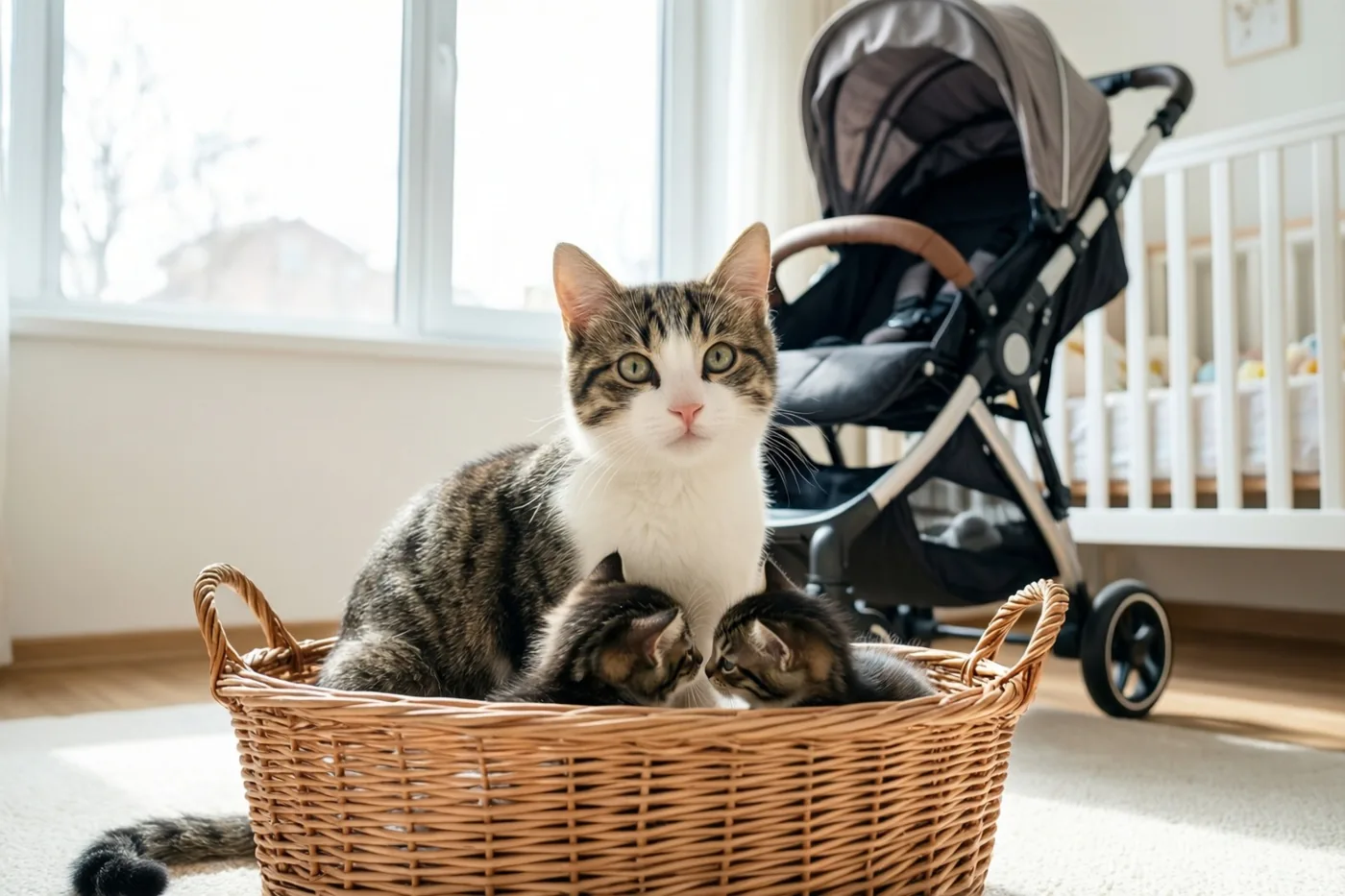 Een moederpoes zit met twee kittens in een rieten mand in een babykamer, met een kinderwagen op de achtergrond en zacht daglicht uit een raam.