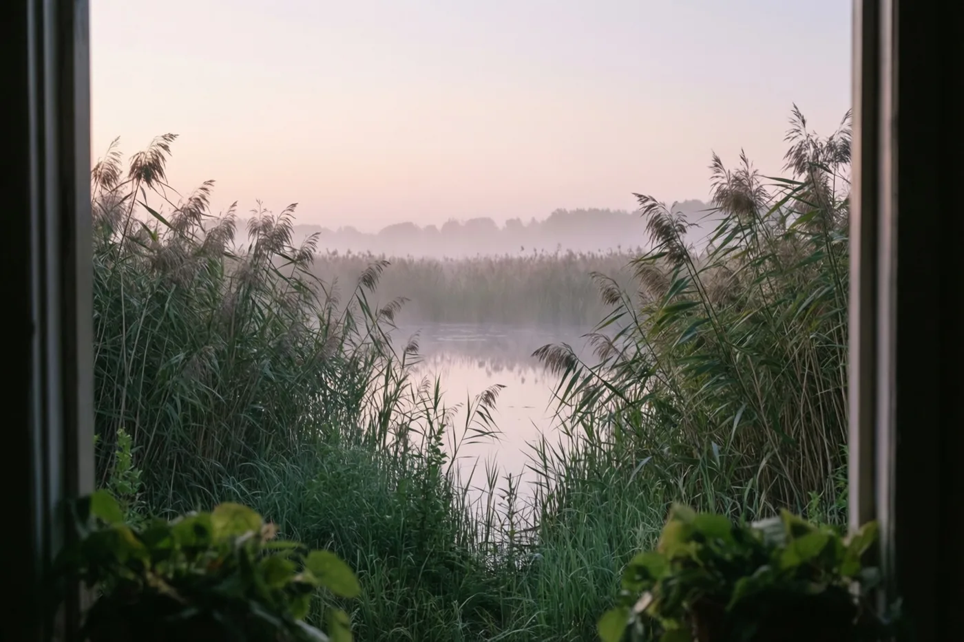 Door een raam zie je een moeras bij schemering met mist boven hoog riet en kalm water dat de bleke roze en lichtblauwe lucht weerspiegelt.