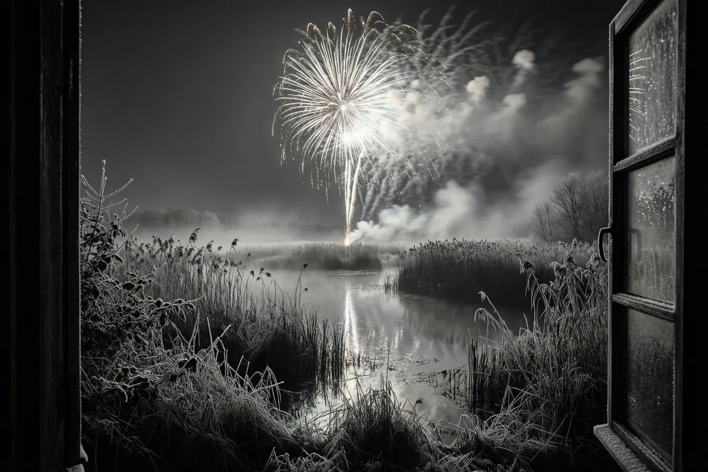 Een zwart-witfoto toont door een open raam vuurwerk boven een moeras met berijpt riet en laaghangende mist.