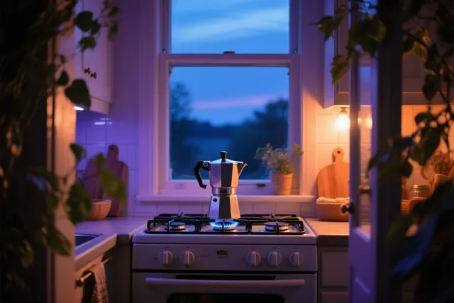 Door een deuropening met groen blad is een mokkapotje op een brandend gasvuur te zien, in een warm verlichte keuken met blauwe schemering buiten het raam.