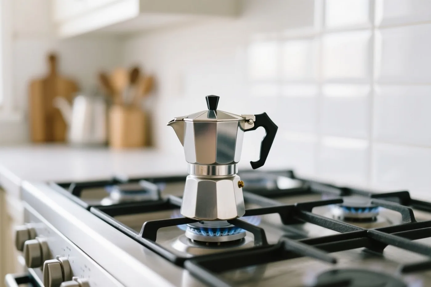 Een zilverkleurig mokkapotje met zwart handvat staat op een brandende gaspit in een lichte moderne keuken, met witte tegels en houten keukenspullen op de wazige achtergrond.