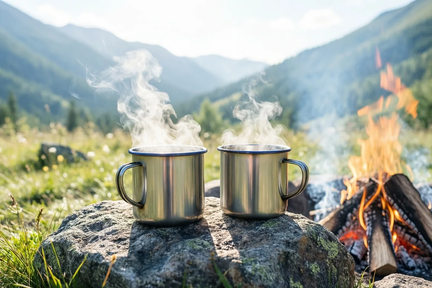 Twee dampende metalen mokken staan op een grote rots naast een kampvuur in een zonnige bergvallei, met groene heuvels en een blauwe lucht op de achtergrond.