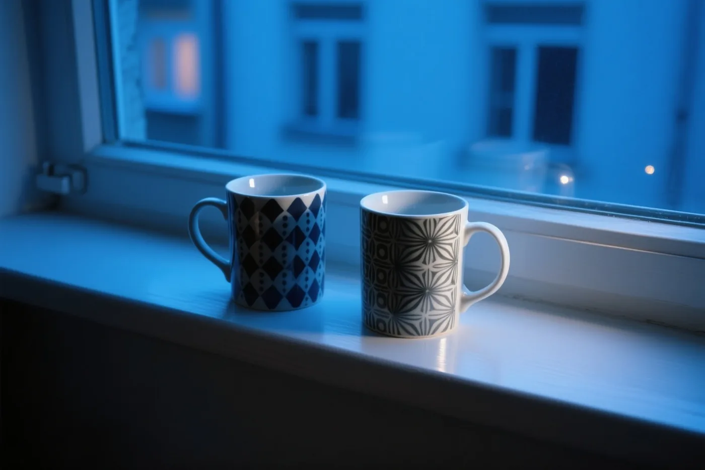 Twee mokken met patronen staan naast elkaar op een vensterbank in koelblauw licht van buiten.