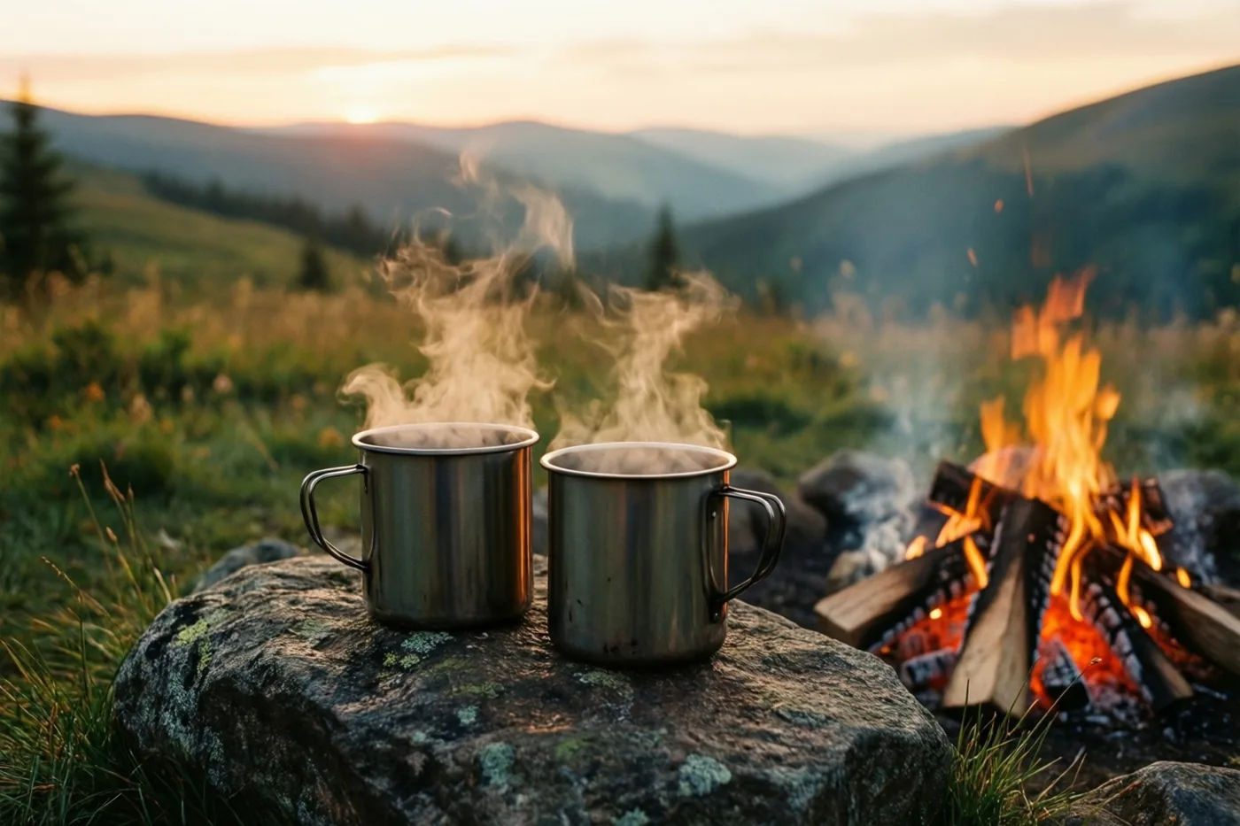 Twee dampende metalen mokken staan op een bemoste rots naast een kampvuur in een berglandschap bij zonsondergang, in gouden en groene tinten.