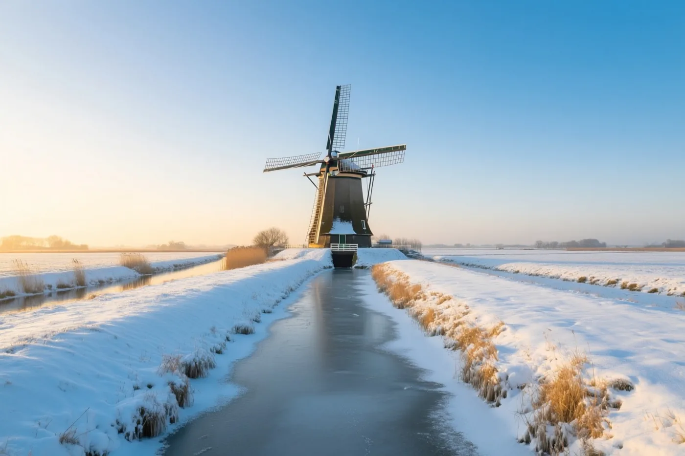 Een Hollandse windmolen staat in een besneeuwde polder bij een deels bevroren sloot, in warm licht onder een helderblauwe lucht.