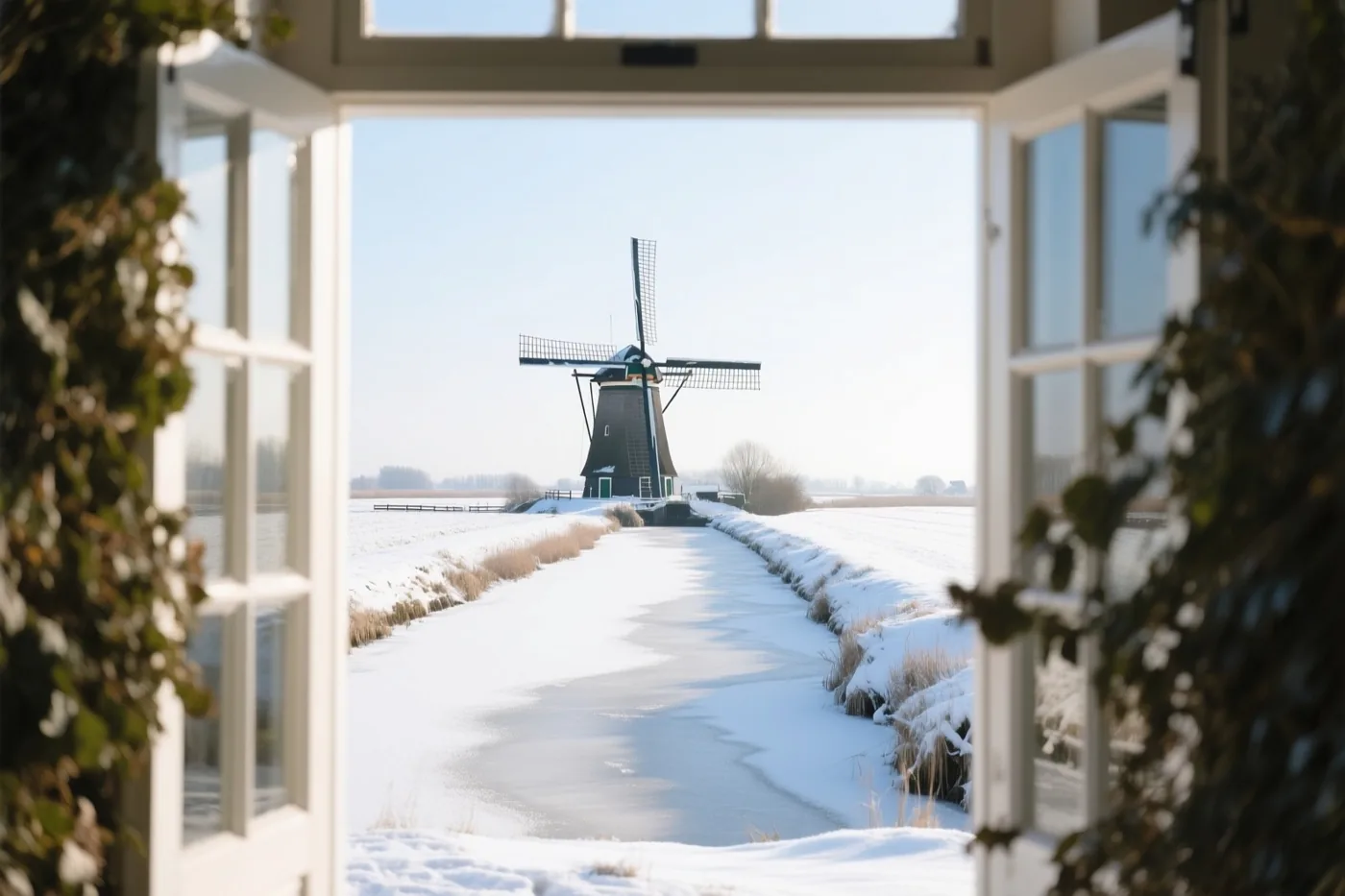 Door een open raam met een wit kozijn is een windmolen te zien in een zonnig besneeuwd polderlandschap, met een bevroren sloot ernaartoe.