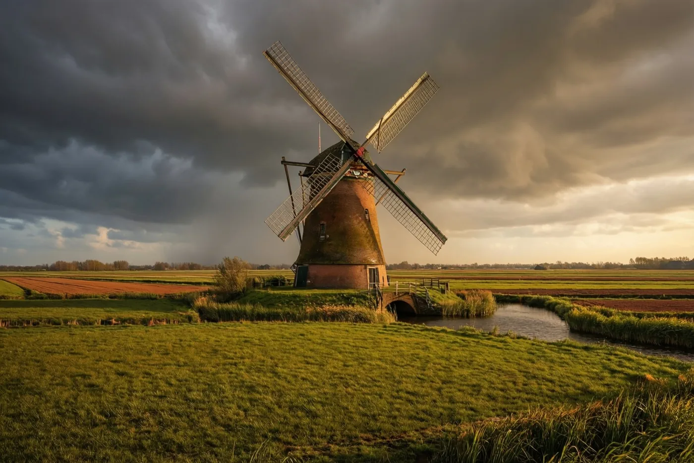 Een bakstenen windmolen staat in een groene polder onder donkere stormwolken waar goudkleurig licht doorheen breekt.