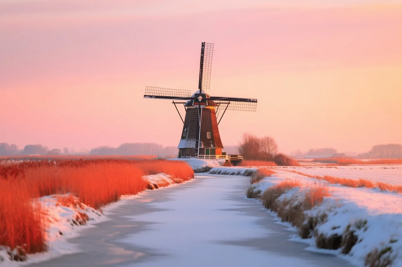 Een Hollandse windmolen staat in een besneeuwde polder met een bevroren sloot, onder een lucht in warme roze en oranje tinten.