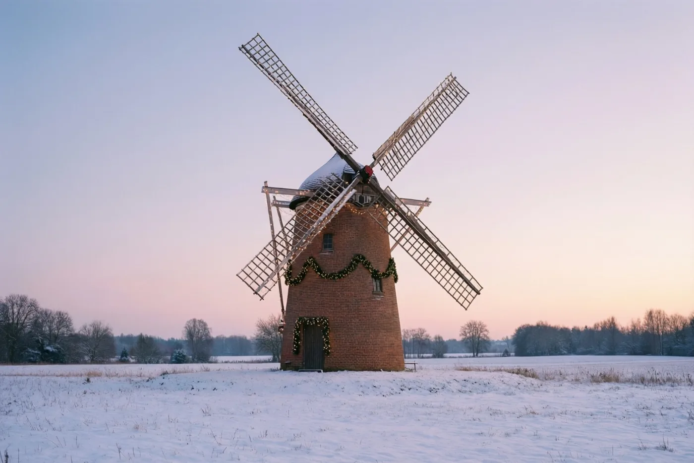 Een bakstenen windmolen met groene slingers en lichtjes staat in een besneeuwd veld bij schemering onder een lichtblauwe hemel met roze en oranje aan de horizon.