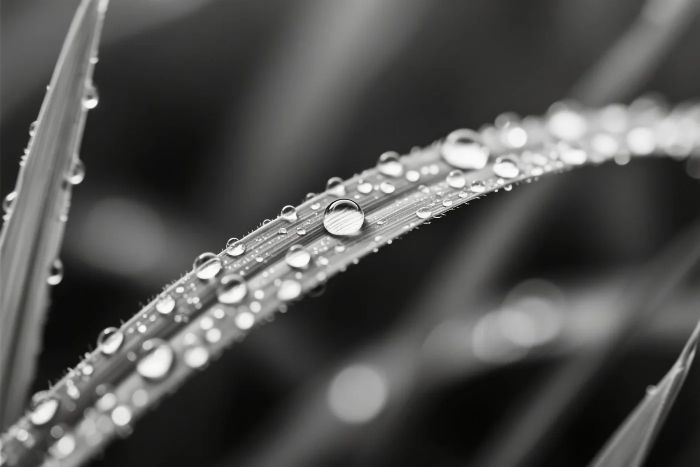 Dauwdruppels hangen aan een grasspriet in een monochrome close-up met een onscherpe natuurlijke achtergrond.