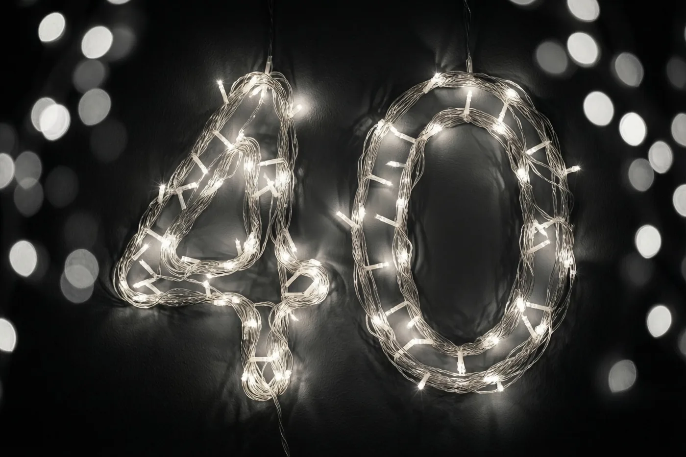 Lichtjes vormen 40 tegen een donkere muur, met wazige feestlichtjes op de achtergrond in een monochroom beeld.