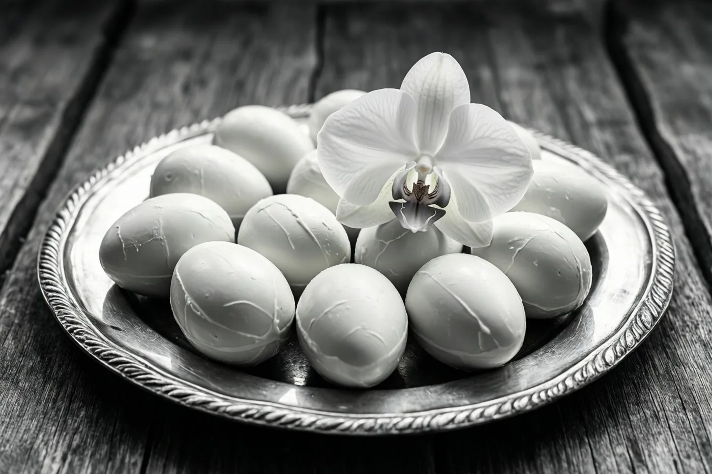 Een monochroom beeld toont een zilveren dienblad met witte chocolade-eieren en een witte orchidee op een donker houten oppervlak.