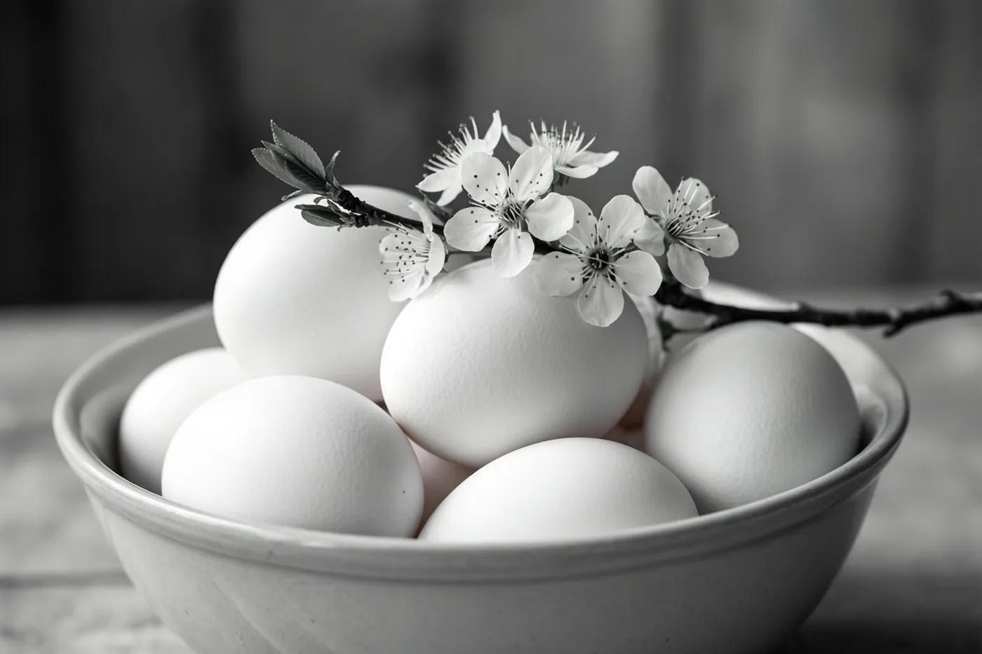 Een monochroom beeld toont een kom witte eieren met een takje witte bloesems tegen een zachte, onscherpe achtergrond.