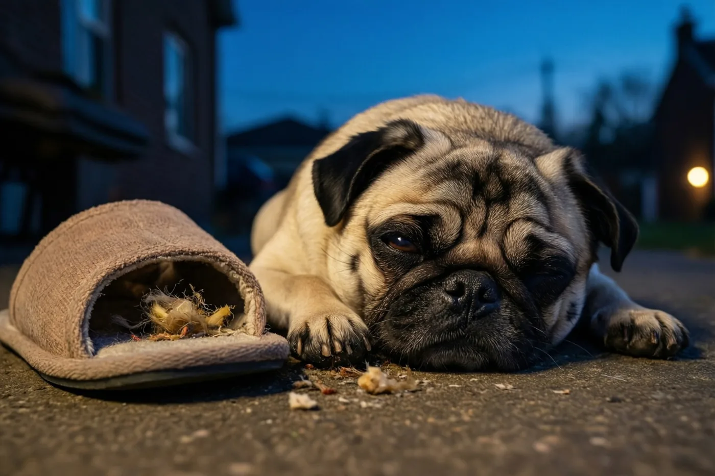 Een mopshond ligt buiten bij schemering op een verharde ondergrond met één oog open, naast een kapotgekauwde pantoffel met vulling.