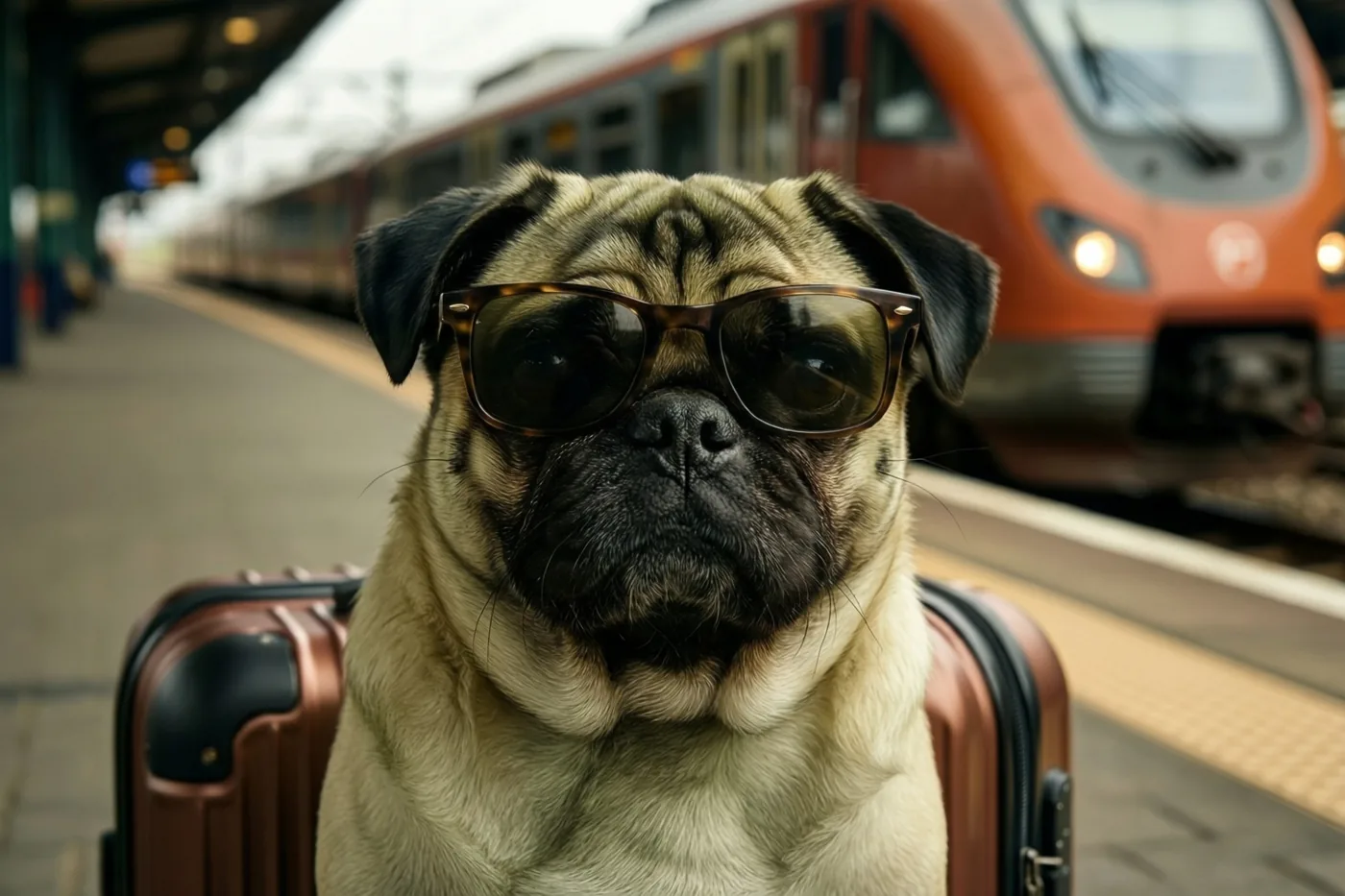 Een mopshond met een zonnebril zit op een koffer op een perron, met een aankomende rode trein op de achtergrond.