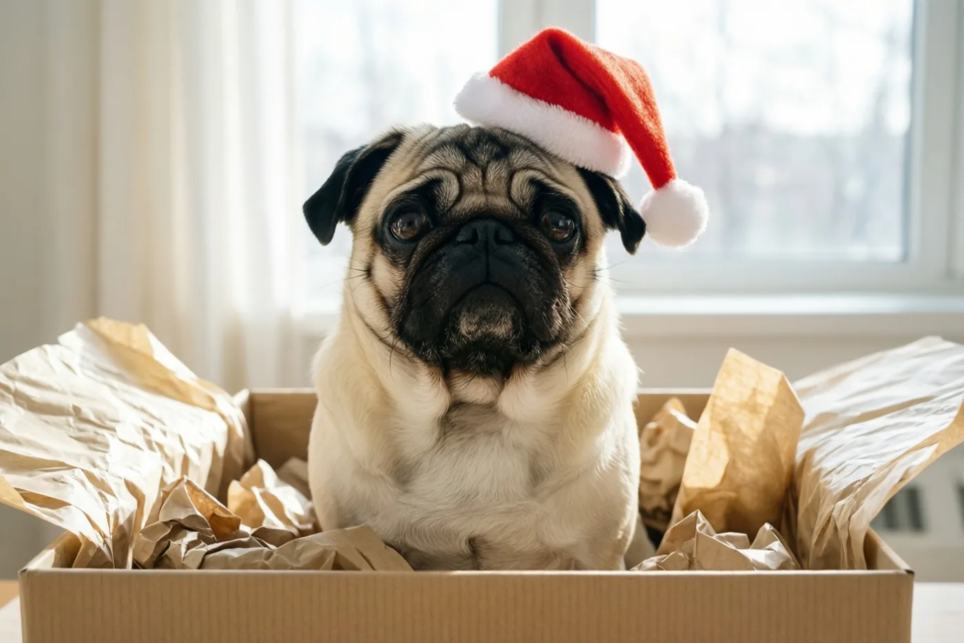 Een mopshond met een rode kerstmuts zit in een kartonnen cadeaudoos met gekreukt bruin inpakpapier bij een raam met zacht daglicht.