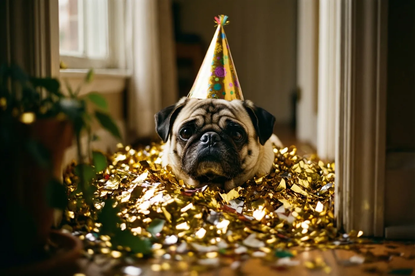 Een mopshond met een feesthoedje ligt gedeeltelijk onder gouden confetti op een houten vloer, met een raam en een plant op de achtergrond in warm licht.