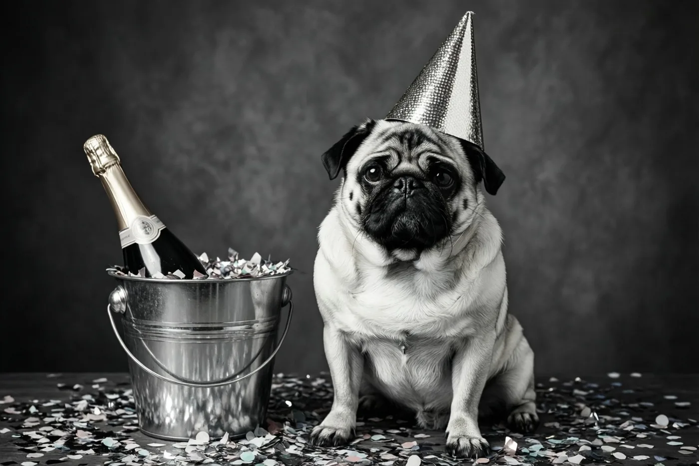 Een mopshond met een glanzend feesthoedje zit naast een metalen emmer met een champagnefles en confetti, met confetti op de vloer in een zwart-witbeeld tegen een donkere achtergrond met textuur.