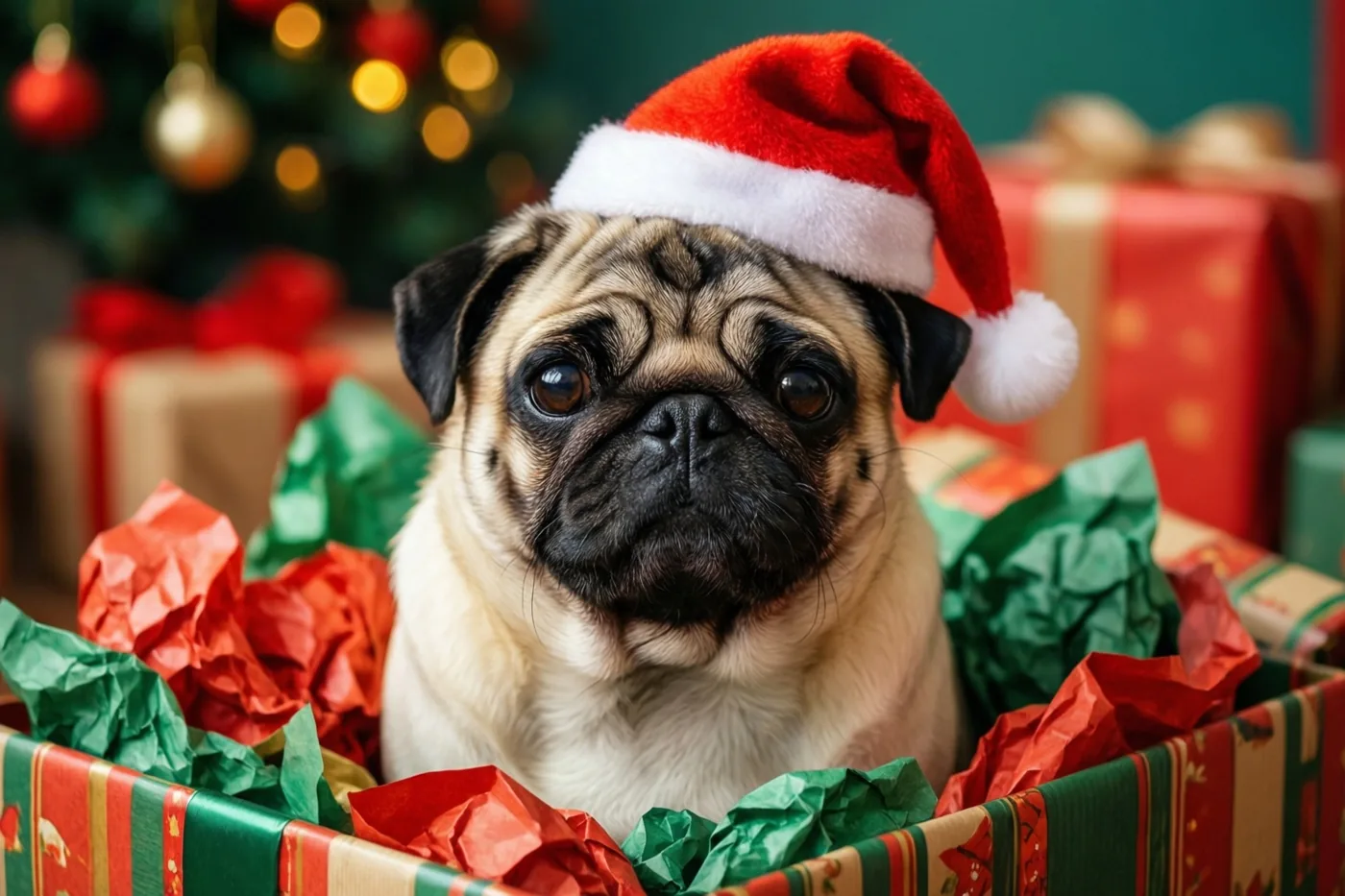 Een mopshond met een kleine kerstmuts zit in een cadeaudoos vol gekreukt rood en groen inpakpapier, met een onscherpe kerstboom met lichtjes en cadeaus op de achtergrond.