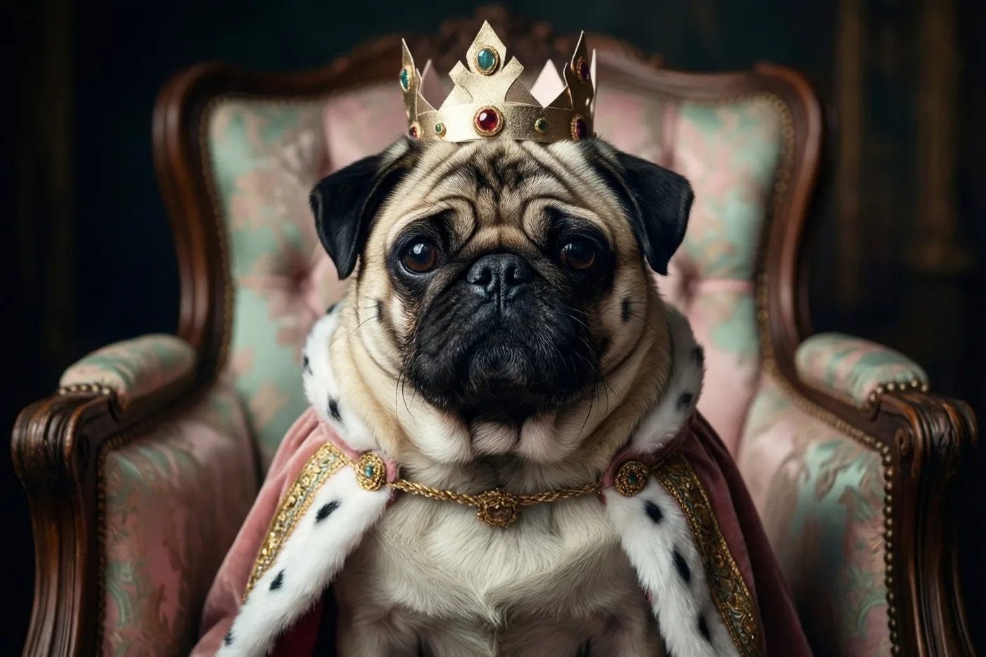 Een mopshond met een papieren kroon en een koningsmantel zit op een sierlijke fauteuil in een rijk ingerichte, schemerige kamer met gedempte kleuren.